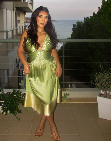 Sexy A Line V Neck Beaded Green Satin Open Back Long Party Dress Evening Dress HZ1023